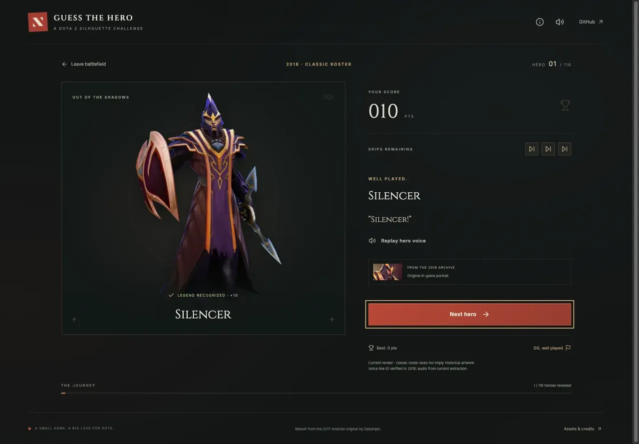 The Guess the Hero battlefield, with a mystery silhouette, answer box, score, and three skips